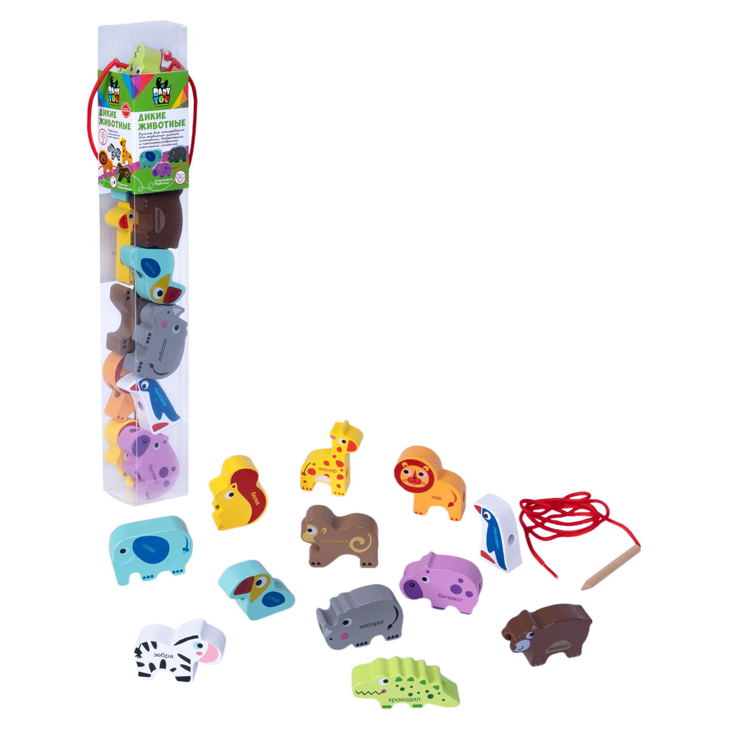 Набор деревянный бусины для нанизывания Дикие животные, арт. ВВ5384