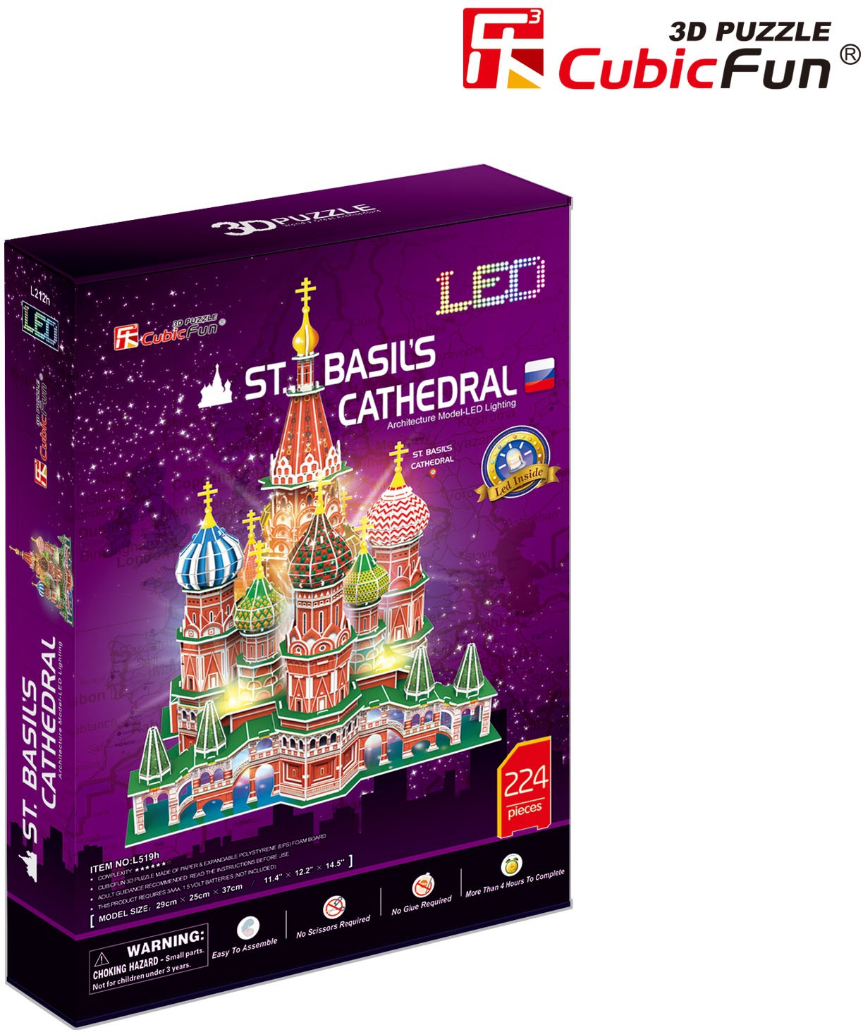 3D пазл Храм Василия Блаженного с LED-подсветкой, 224 детали, арт. L519h