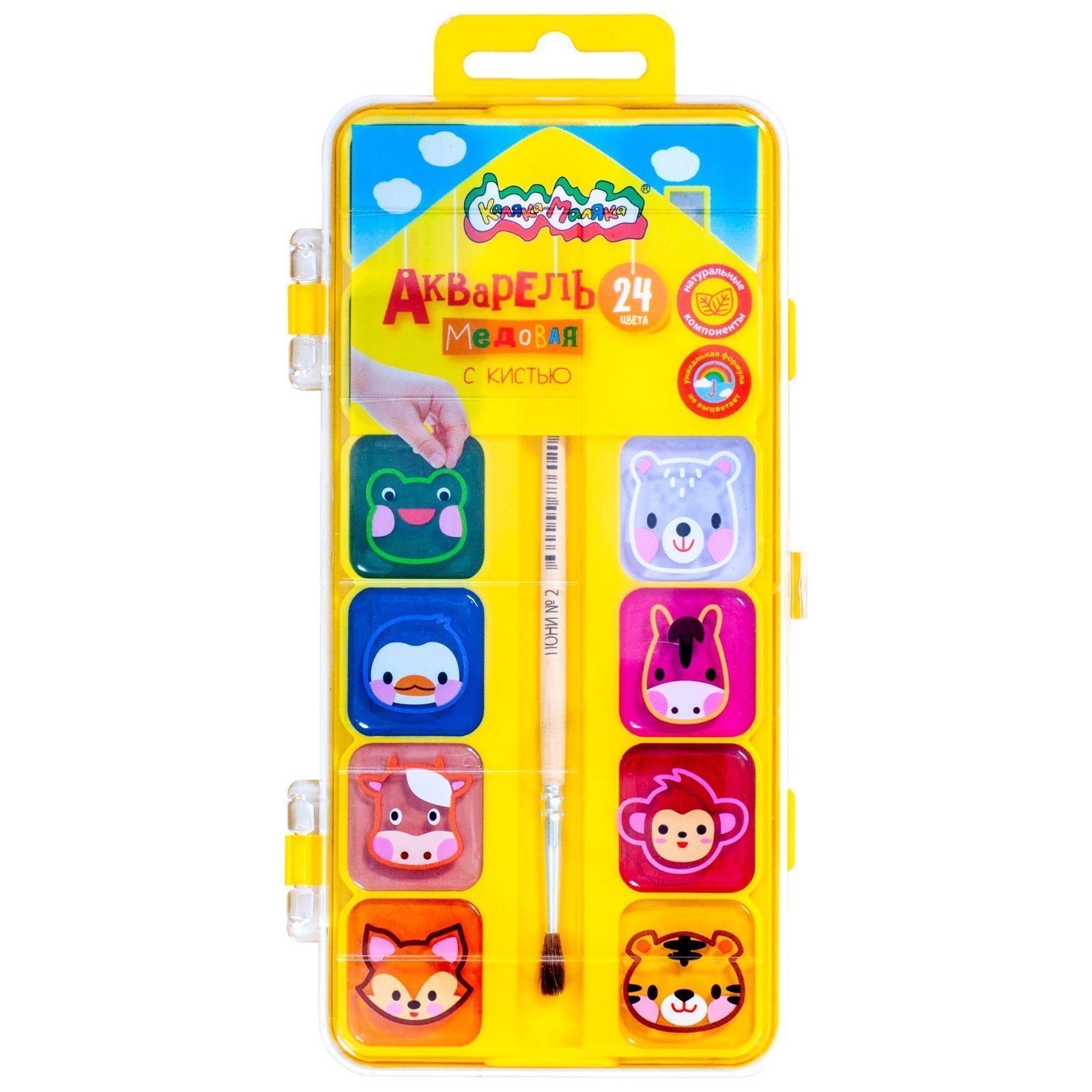 Акварель Каляка-Маляка 24 цвета, с кисточкой, пластиковая упаковка с европодвесом, арт. АККМФ24ЕКД