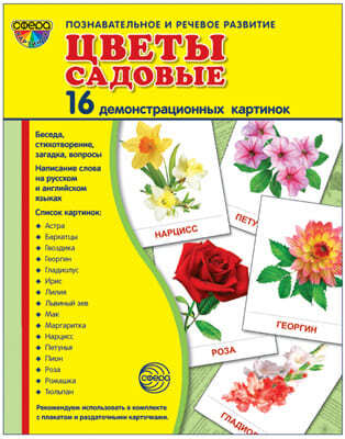 Демонстрационные картинки СУПЕР. Цветы садовые. 16 демонстрационных картинок с текстом