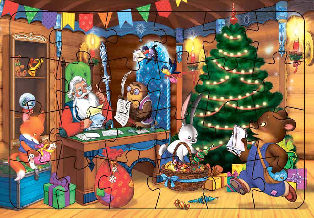 Пазл листовой на подложке. В гостях у Деда Мороза. 24 детали. 29,5х21 см.