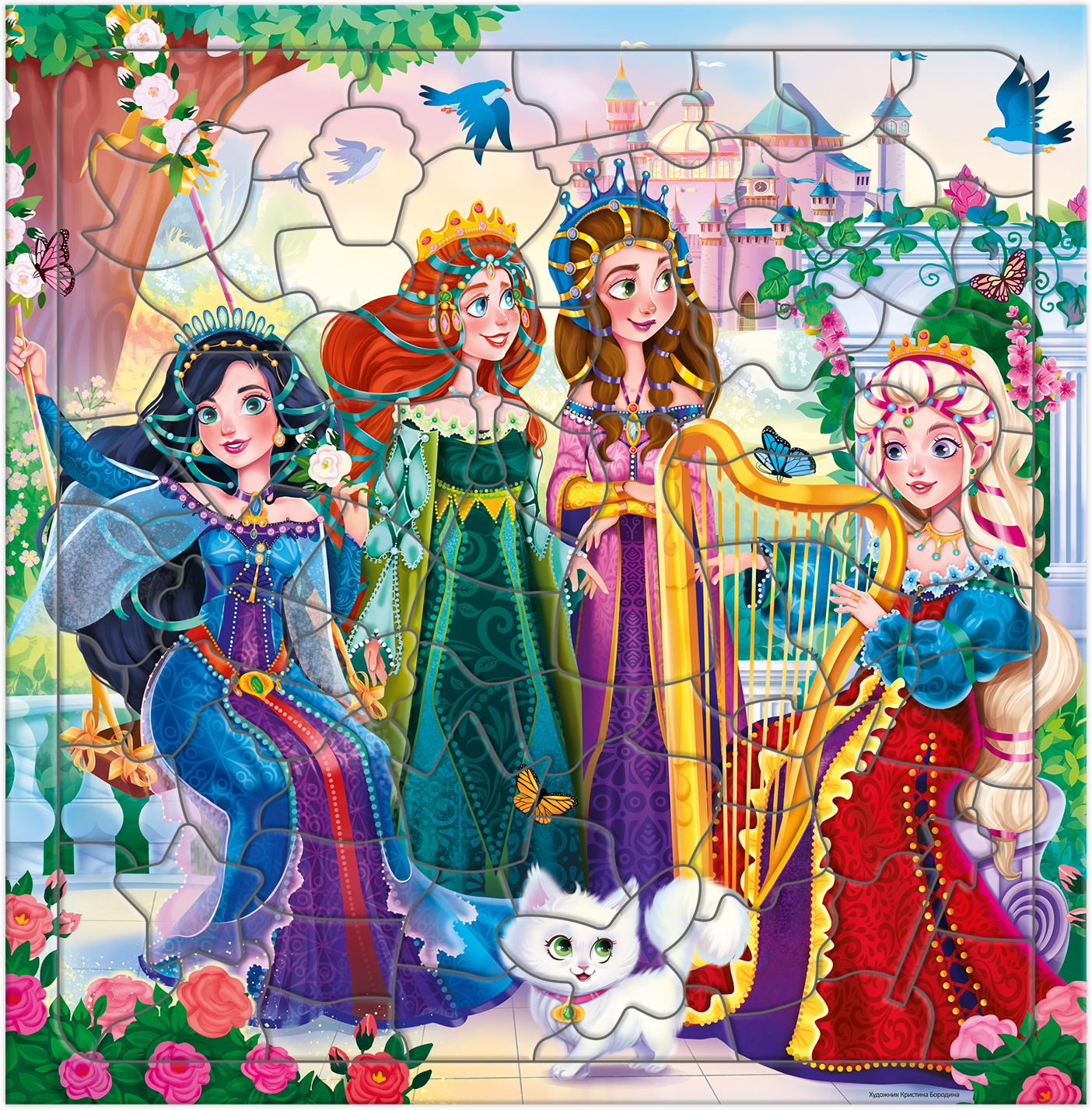 Пазл фигурный на подложке. 80 деталей. Принцессы. 30х30,5 см.