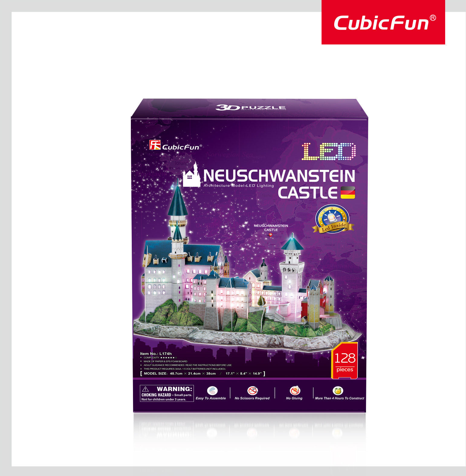 3D пазл Замок Нойшванштайн с LED-подсветкой, 128 деталей, арт. L174h