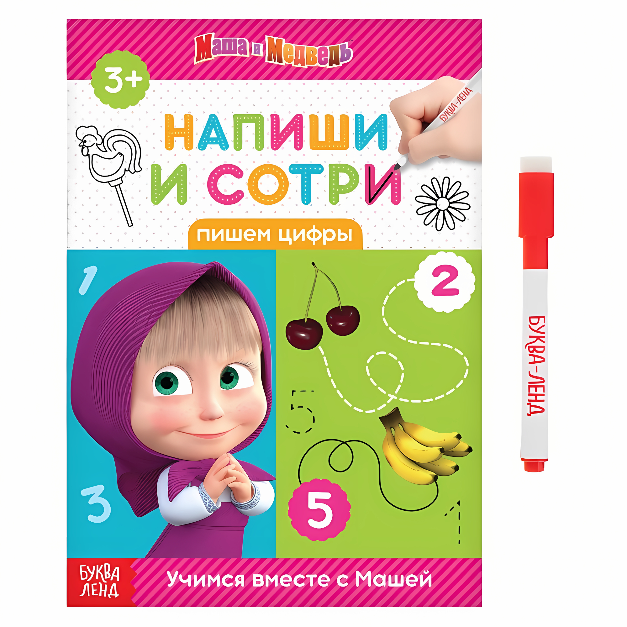Книжка Напиши и сотри. Пишем цифры, 12 стр., Маша и Медведь, арт. 4451693