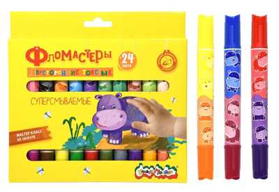 Фломастеры утолщенные классические 24 цвета круглый корпус суперсмываемые, арт. ФТДКМ24, производитель ФАРМ, ISBN 460-2-72315-757-1№ 2