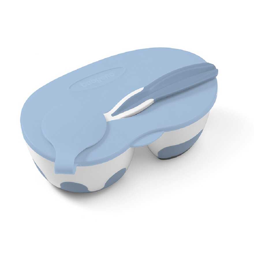 Тарелочка с 2 отделениями крышечкой и ложечкой небесного цвета, производитель Babyono, ISBN 590-1-43541-290-9, № 1