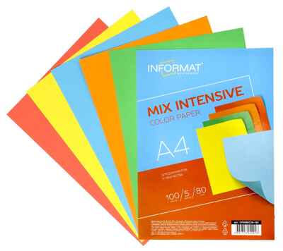 Бумага цветная для печати INFORMAT INTENSIVE MIX А4 80 г/м2 5 цветов по 20 л ассорти, арт. CP4080CIN-100, производитель ФАРМ, ISBN 460-2-72304-201-3№ 1