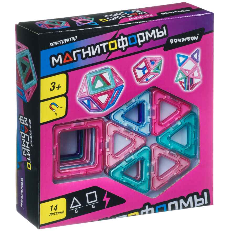 Магнитный конструктор МАГНИТОФОРМЫ , набор 14 дет. (6 квадратов, 8 треугольников), арт. ВВ4400, производитель Bondibon (Бондибон), ISBN 489-5-13604-460-0, № 1