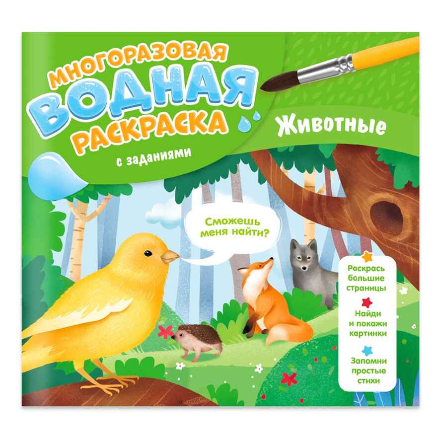Многоразовая водная раскраска с заданиями. Животные. Серия Раскрась и узнай. 24х23 см. 10 стр., производитель ГЕОДОМ , ISBN 466-0-13622-069-5, № 1