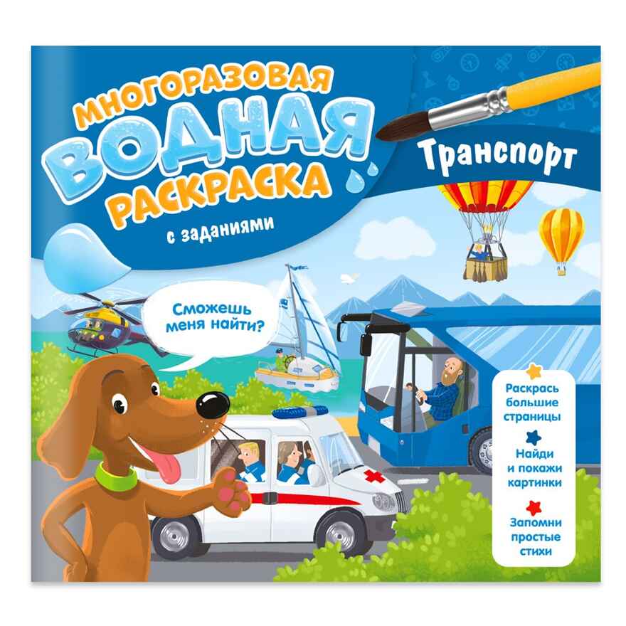 Многоразовая водная раскраска с заданиями. Транспорт. Серия Раскрась и узнай. 24х23 см. 10 стр., производитель ГЕОДОМ , ISBN 466-0-13622-071-8, № 1