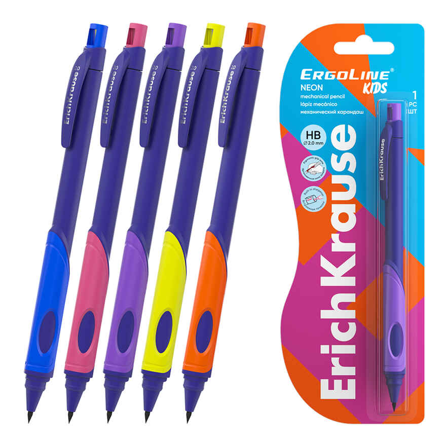 Карандаш механический ErgoLine® Kids Neon 2.0 мм, с точилкой, НВ, арт. 63333, производитель ErichKrause® (Эрих Краузе), ISBN 404-1-48563-333-4, № 1