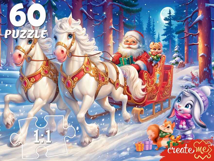 Пазлы 60 элементов Новогодняя упряжка, арт.П60-7596, производитель Рыжий кот, ISBN 467-0-15927-596-1, № 1
