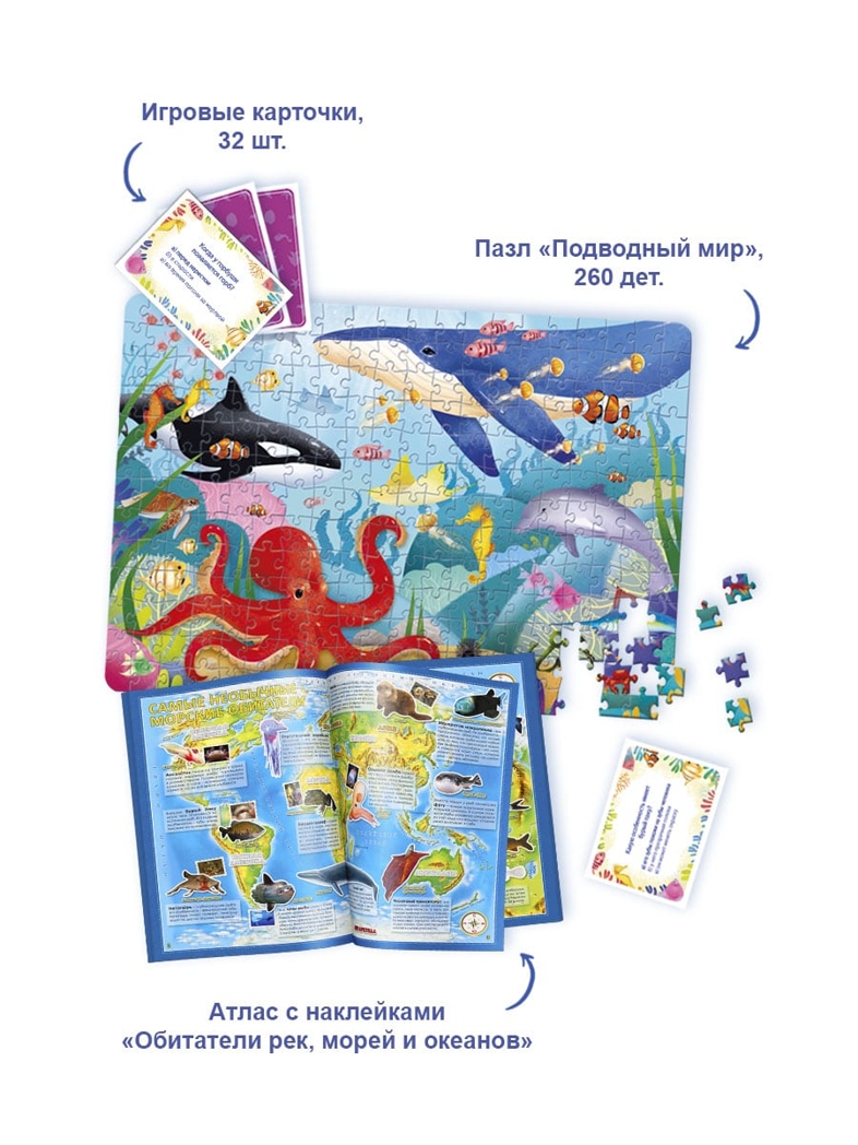 Подарок большой. В океане. Пазл 260 дет + Атлас с наклейками + Игровые карточки, производитель ГЕОДОМ , ISBN 460-7-17745-812-0, № 2