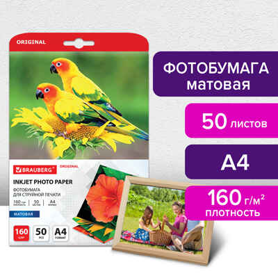 Фотобумага матовая, А4, 160 г/м2, односторонняя, 50 листов, арт. 363985, производитель Brauberg, ISBN 460-6-22434-758-5№ 1