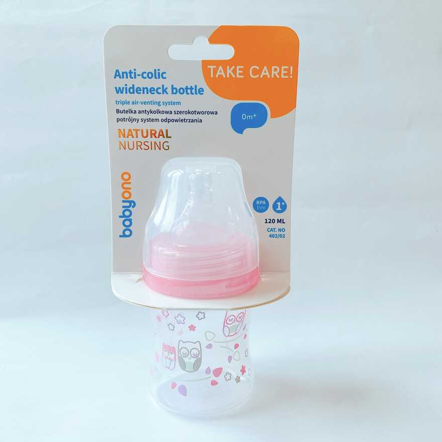 Бутылочка антиколиковая c широким горлышком 120мл. (розовый), арт.402/02, производитель Babyono, ISBN 590-1-43541-101-8, № 10