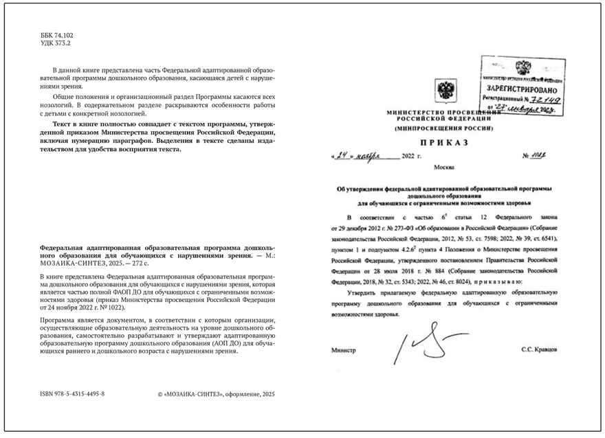 Федеральная адаптированная образовательная программа дошкольного образования для обучающихся с нарушениями зрения, производитель МОЗАИКА-СИНТЕЗ , ISBN 978-5-43154-495-8, № 2
