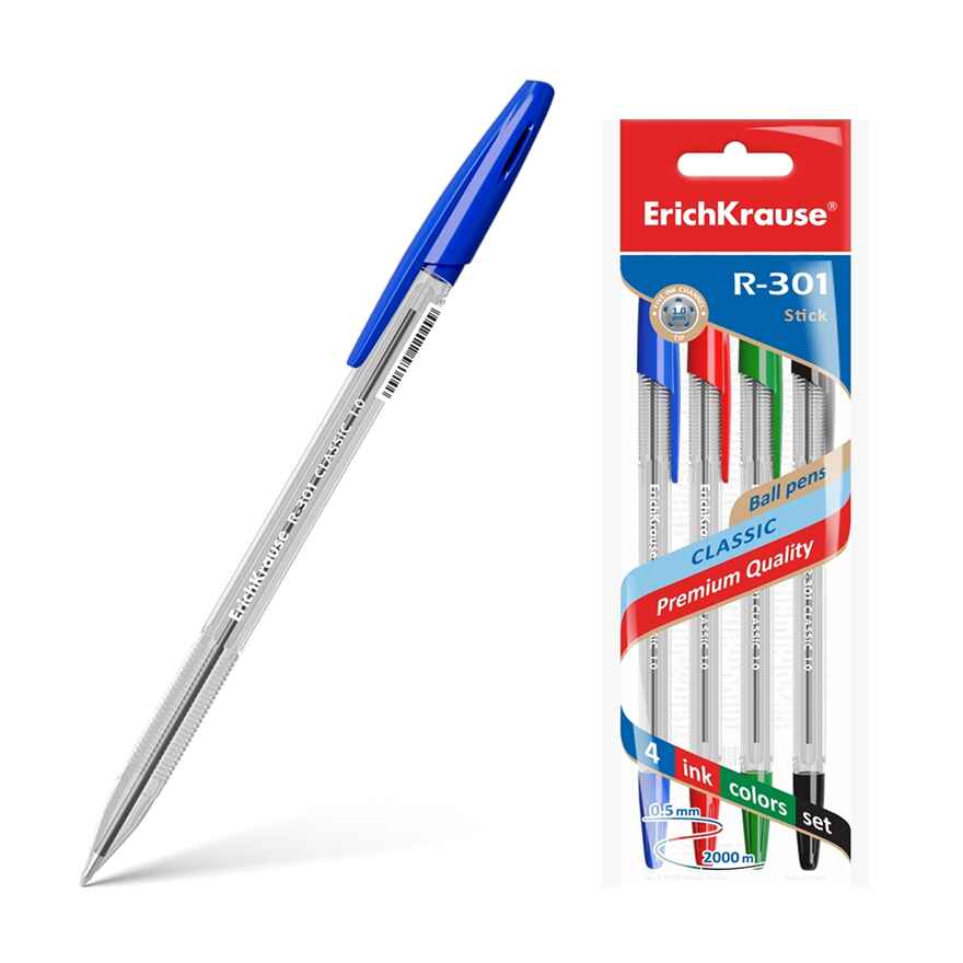 Ручка шариковая ErichKrause R-301 Classic Stick 1.0, цвет чернил: синий, черный, красный, зеленый (в пакете по 4 шт.), арт. 44593, производитель ErichKrause® (Эрих Краузе), ISBN 404-1-48544-593-7, № 1