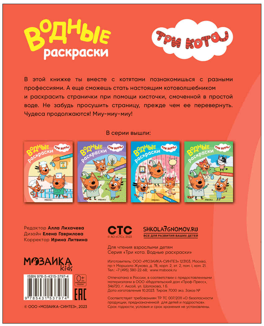Профессии (Три кота. Водные раскраски), водная раскраска, производитель МОЗАИКА kids , ISBN 978-5-43153-797-4, № 4