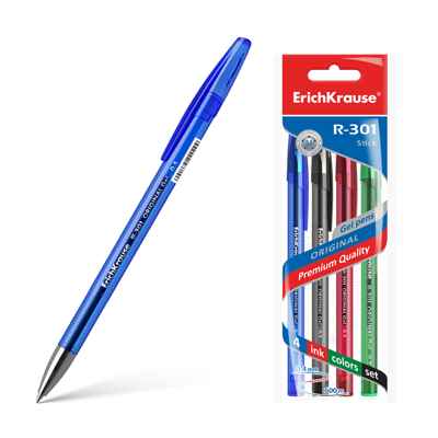 Ручка гелевая ErichKrause R-301 Original Gel 0.5, цвет чернил: синий, черный, красный, зеленый (в пакете по 4 шт.), арт. 45157, производитель ErichKrause® (Эрих Краузе), ISBN 404-1-48545-157-0№ 1