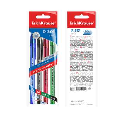 Ручка гелевая ErichKrause R-301 Original Gel 0.5, цвет чернил: синий, черный, красный, зеленый (в пакете по 4 шт.), арт. 45157, производитель ErichKrause® (Эрих Краузе), ISBN 404-1-48545-157-0№ 2