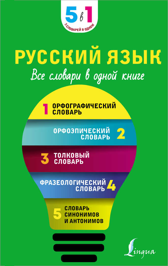 Русский язык. Все словари в одной книге. Орфографический словарь. Орфоэпический словарь. Толковый словарь. Фразеологический словарь. Словарь синонимов и антонимов. 5 словарей в одном, производитель АСТ , ISBN 978-5-17147-917-6, № 1
