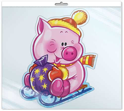 *ФМ-12338 ПЛАКАТ ВЫРУБНОЙ А4 В ПАКЕТЕ. Поросенок на санках (с блестками в индивидуальной упаковке с европодвесом и клеевым клапаном), производитель Сфера ТЦ , ISBN 200-0-04913-892-2, № 1