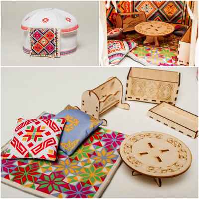 Юрта Башкирская малая дидактическая (в комплекте ковры, подушки и мебель), арт. 023.56, производитель Наивный мир, ISBN 460-3-73518-452-4№ 1
