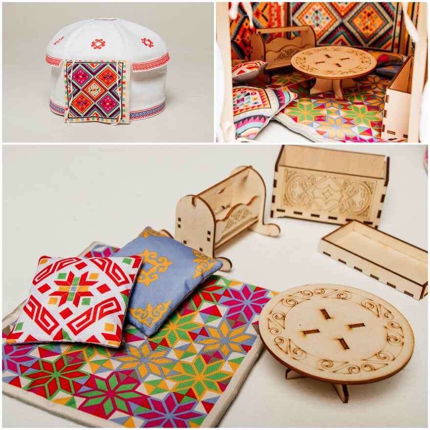 Юрта Башкирская малая дидактическая (в комплекте ковры, подушки и мебель), арт. 023.56, производитель Наивный мир, ISBN 460-3-73518-452-4, № 1