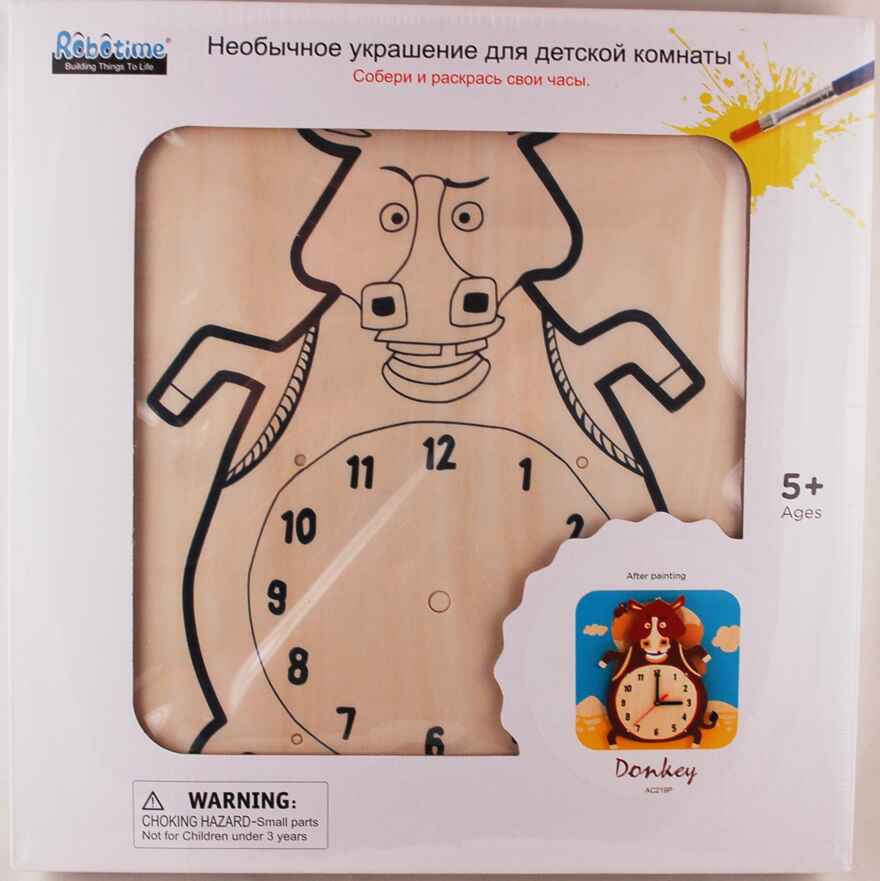 Часы-конструктор деревянные - Ослик раскраска, арт. AC219P, ISBN 200-0-85993-604-6, № 1