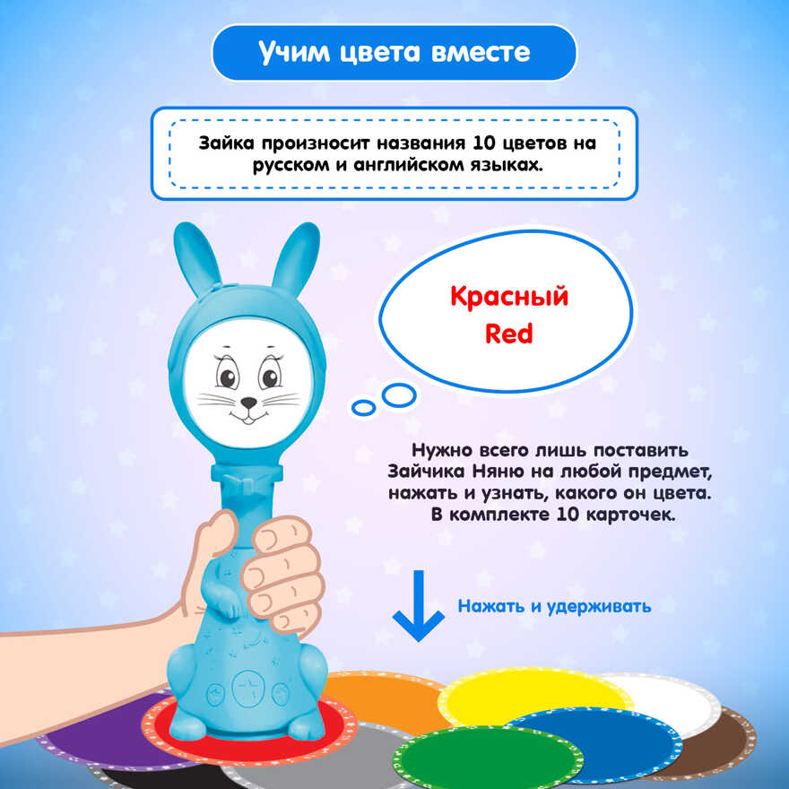 Зайчик Няня с погремушкой и ночником. Интерактивная игрушка Зайка для малышей, арт. FD125/Голубой, производитель BertToys, ISBN 463-0-01772-358-4, № 7