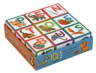 Умные кубики в поддончике. 9 штук. Алфавит. English. IQ Кубики, производитель Айрис-пресс , ISBN 978-5-81126-790-3 № 1