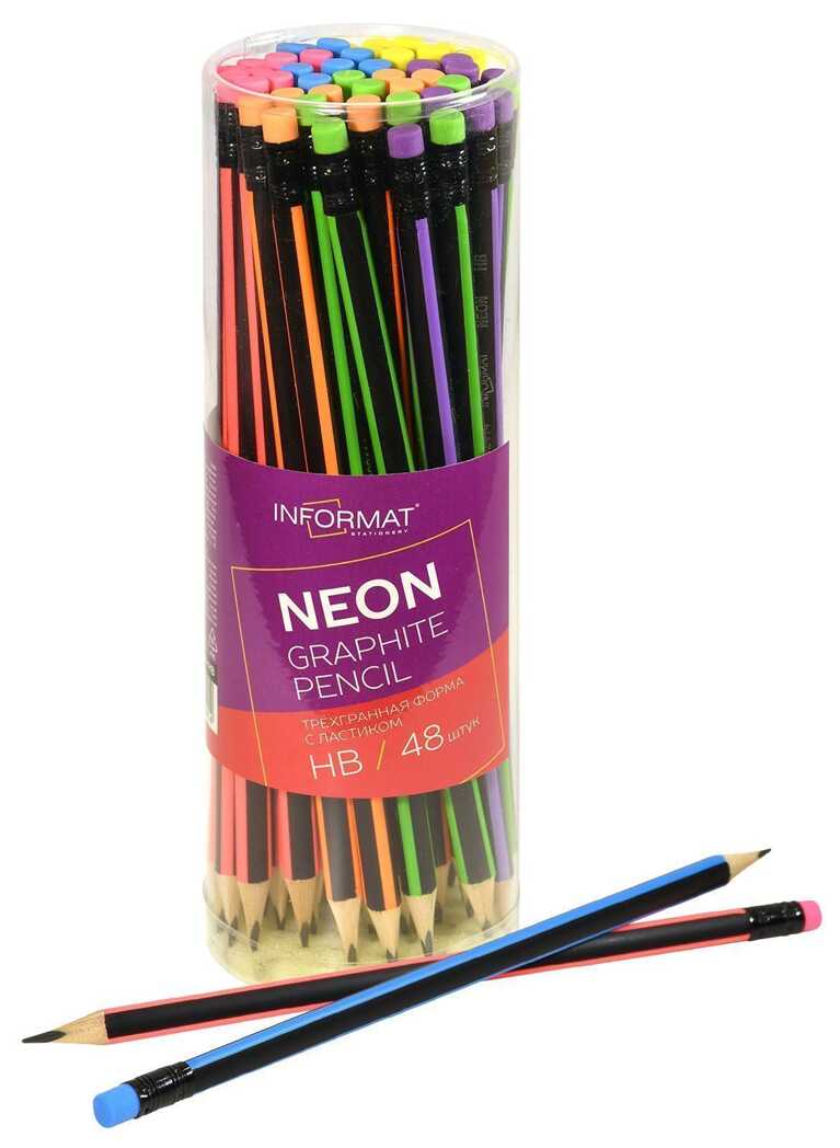 Карандаш чернографитный INFORMAT NEON HB,трехгранный, с ластиком, арт. PGNBLN-HB, производитель ФАРМ, ISBN 460-2-72309-241-4, № 1