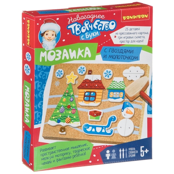 Новогодний набор для творчества Мозаика с гвоздями и молоточком, арт. ВВ4634, производитель Bondibon (Бондибон), ISBN 489-5-13604-690-1, № 1