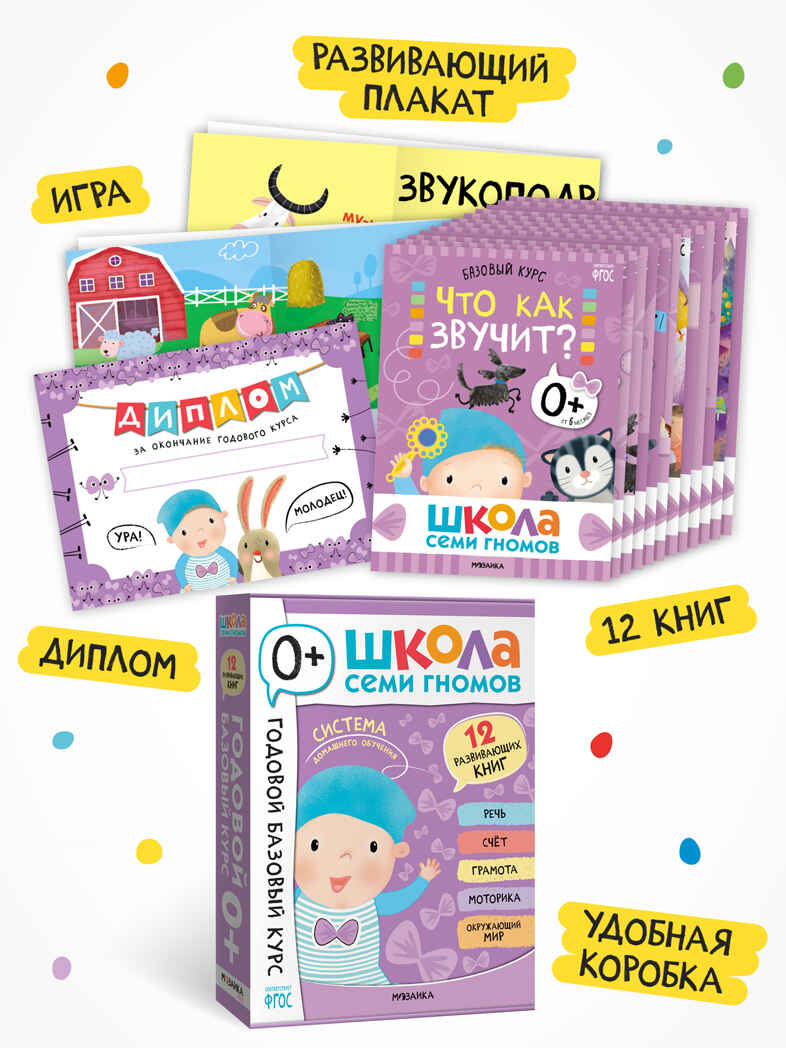 Годовой базовый курс. Комплект 0+ (Школа Семи Гномов. Базовый курс), 12 книг + развивающие материалы, производитель МОЗАИКА kids , ISBN 978-5-43154-053-0, № 2