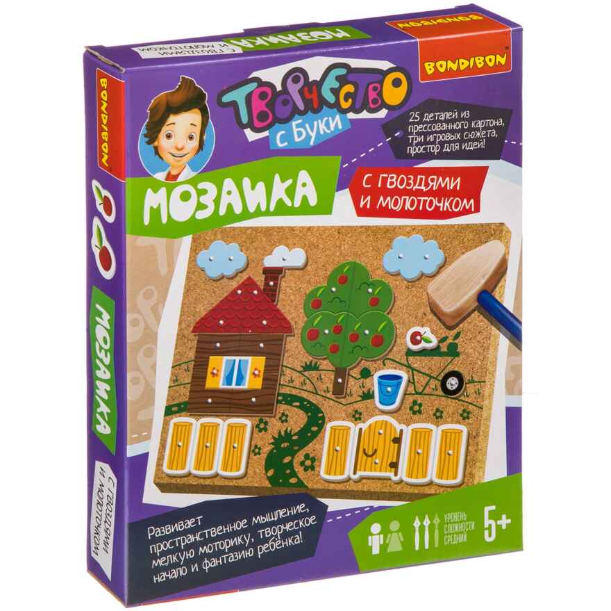 Мозаика с гвоздями и молоточком (прессованный картон). На ферме, арт. ВВ3950, производитель Bondibon (Бондибон), ISBN 489-5-13603-853-1, № 1