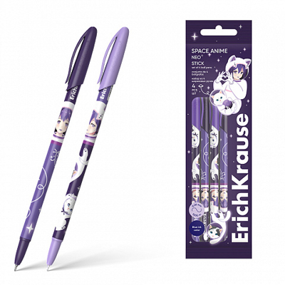 Набор из 4 ручек шариковых  Neo® Stick Аниме в космосе 0.7, Super Glide Technology, цвет чернил синий, арт. 61015, производитель ErichKrause® (Эрих Краузе), ISBN 404-1-48561-015-1 № 1