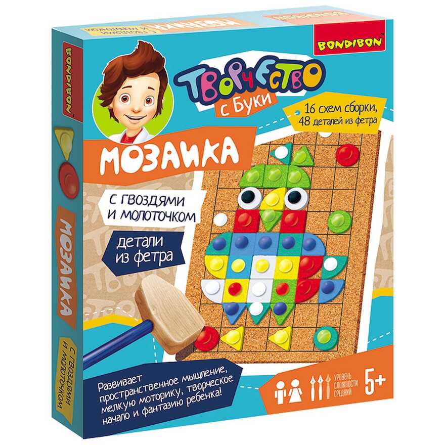 Мозаика с гвоздями и молоточком (детали из фетра). Веселые картинки, арт. ВВ5334, производитель Bondibon (Бондибон), ISBN 489-5-13605-474-6, № 1