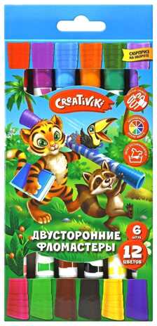 Фломастеры двусторонние Creativiki, 6 штук, 12 цветов, круглый корпус, картонная упаковка, арт. ФЛД06КР, производитель ФАРМ, ISBN 460-2-72310-139-0№ 4