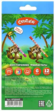Фломастеры двусторонние Creativiki, 6 штук, 12 цветов, круглый корпус, картонная упаковка, арт. ФЛД06КР, производитель ФАРМ, ISBN 460-2-72310-139-0№ 5