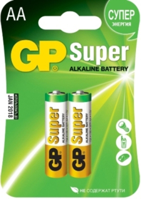 Батарейки GP Super Alkaline Battery AA, 2 штуки, арт. 175, производитель GP (ДжиПи), ISBN 489-1-19900-002-7, № 1